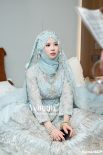 「出租」蓝色回族沙丽婚纱高端定制高腰绑带收紧可调节礼服巴服