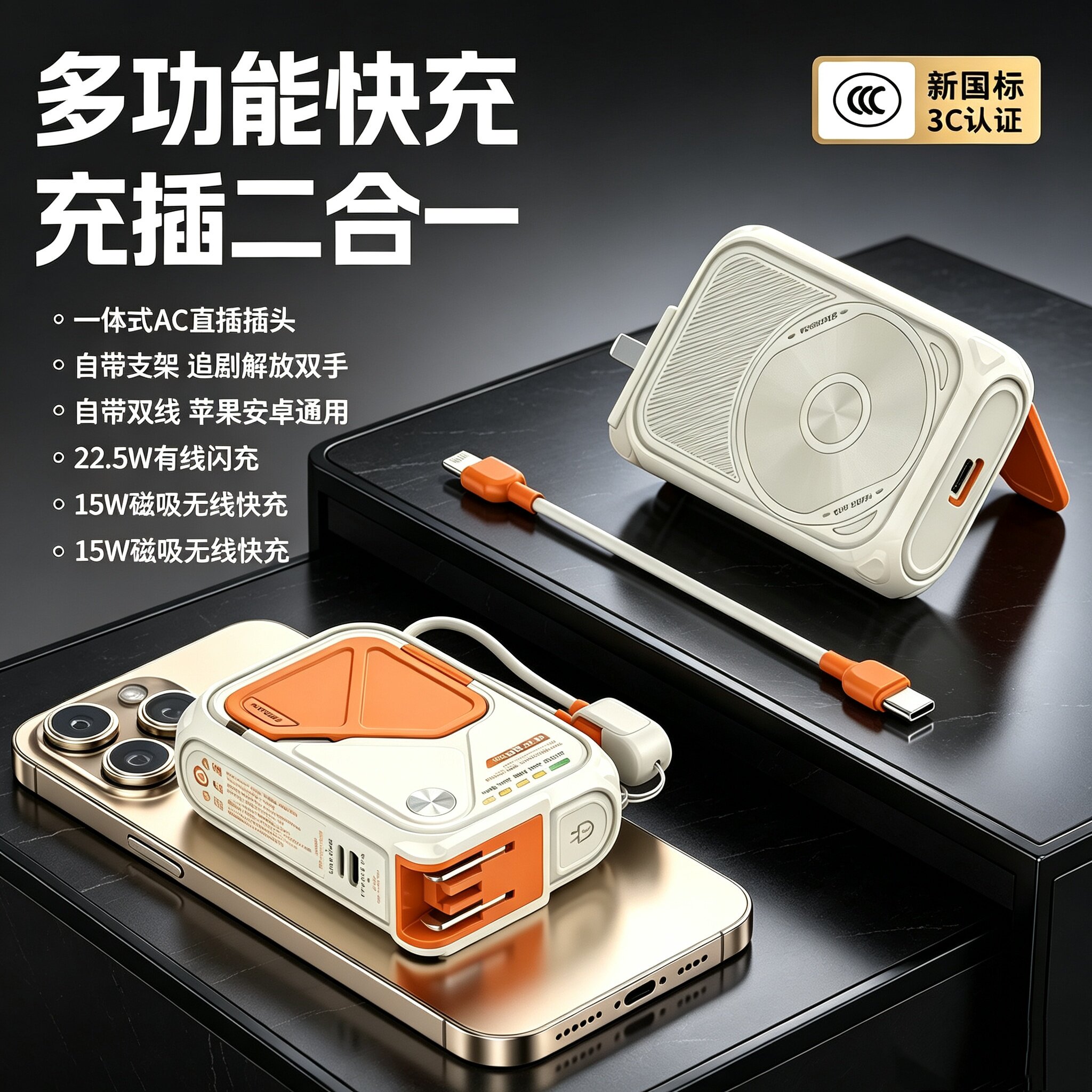 二合一充电宝插头自带线3c认证可上飞机快充大容量移动电源多功能图片