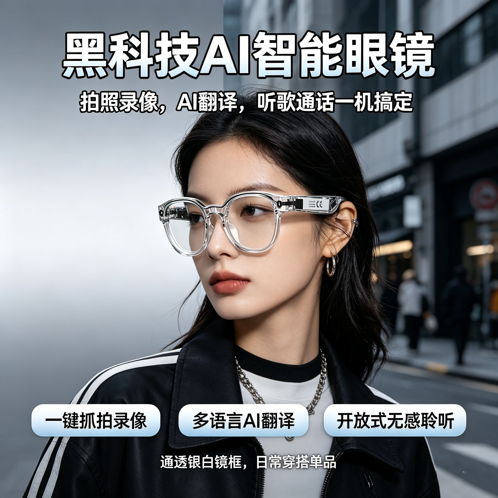 AI智能眼镜800万像素翻译高清拍照录音拍摄识物识图蓝牙通话听歌