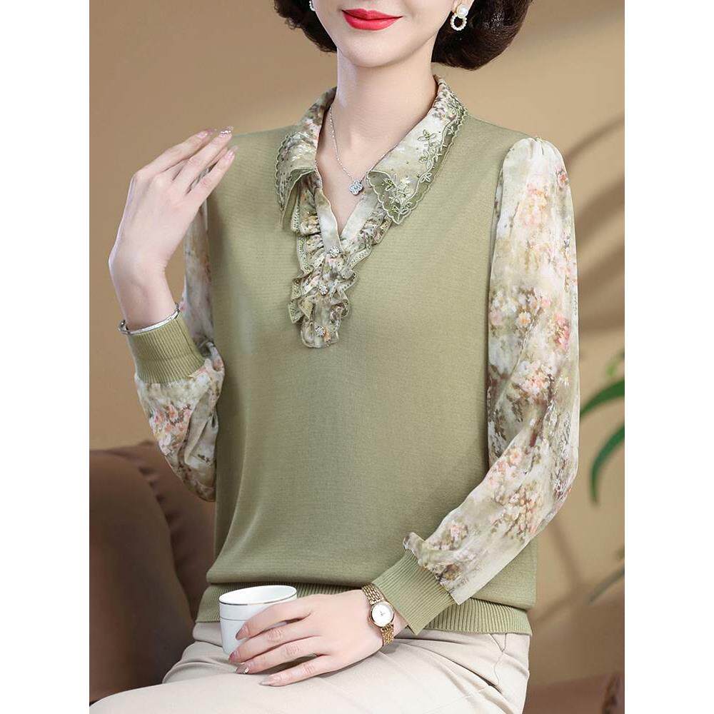 妈妈春装长袖t恤洋气小衫新款中老年女春夏针织打底上衣薄