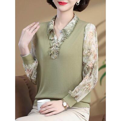 妈妈春装长袖t恤洋气小衫新款中老年女春夏针织打底上衣薄