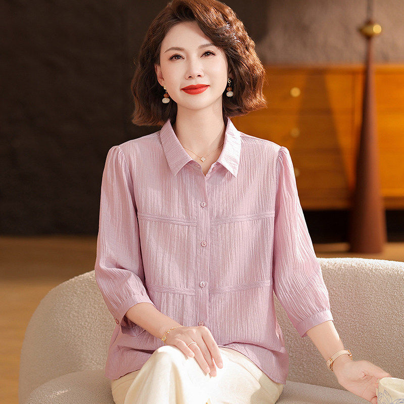 妈妈夏装衬衫中年妇女洋气质上衣中老年人女雪纺t恤开衫两件套装