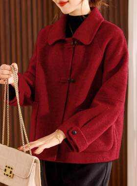 本命年妈妈冬装时尚双面呢外套喜婆婆婚宴装中老年女喜庆呢子大衣