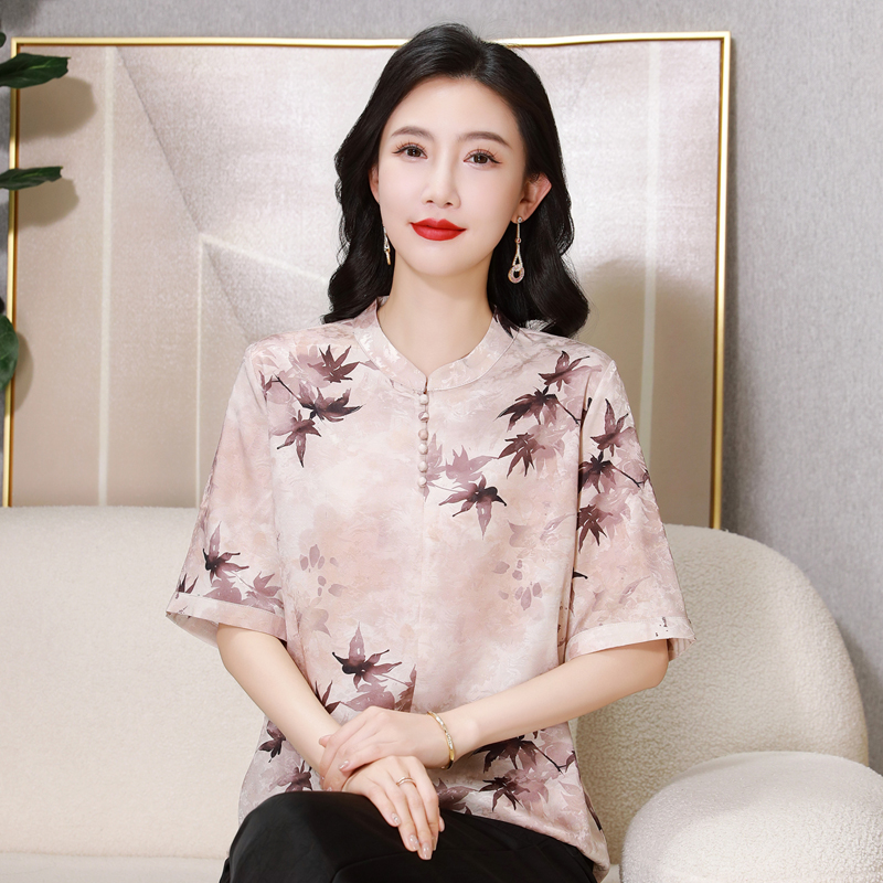 五十岁妈妈夏装真丝T恤圆领印花上衣中老年妇女桑蚕丝短袖小衫薄
