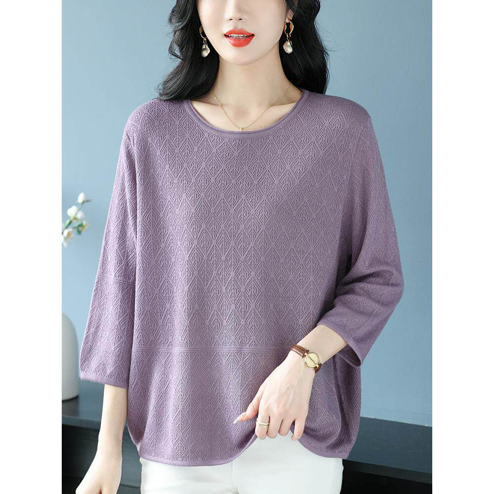 中年妈妈装春夏上衣女桑蚕丝七分袖宽松特大码冰丝针织圆领打底衫