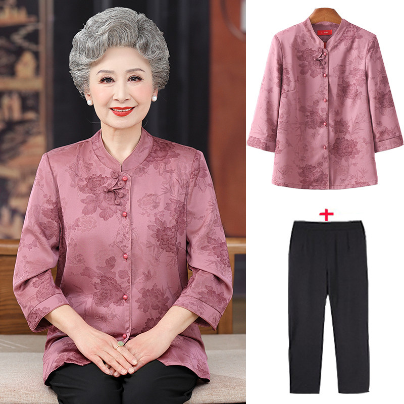 中老年人夏装衬衣奶奶真丝衬衫女套装老太太国风衣服妈妈高档唐装