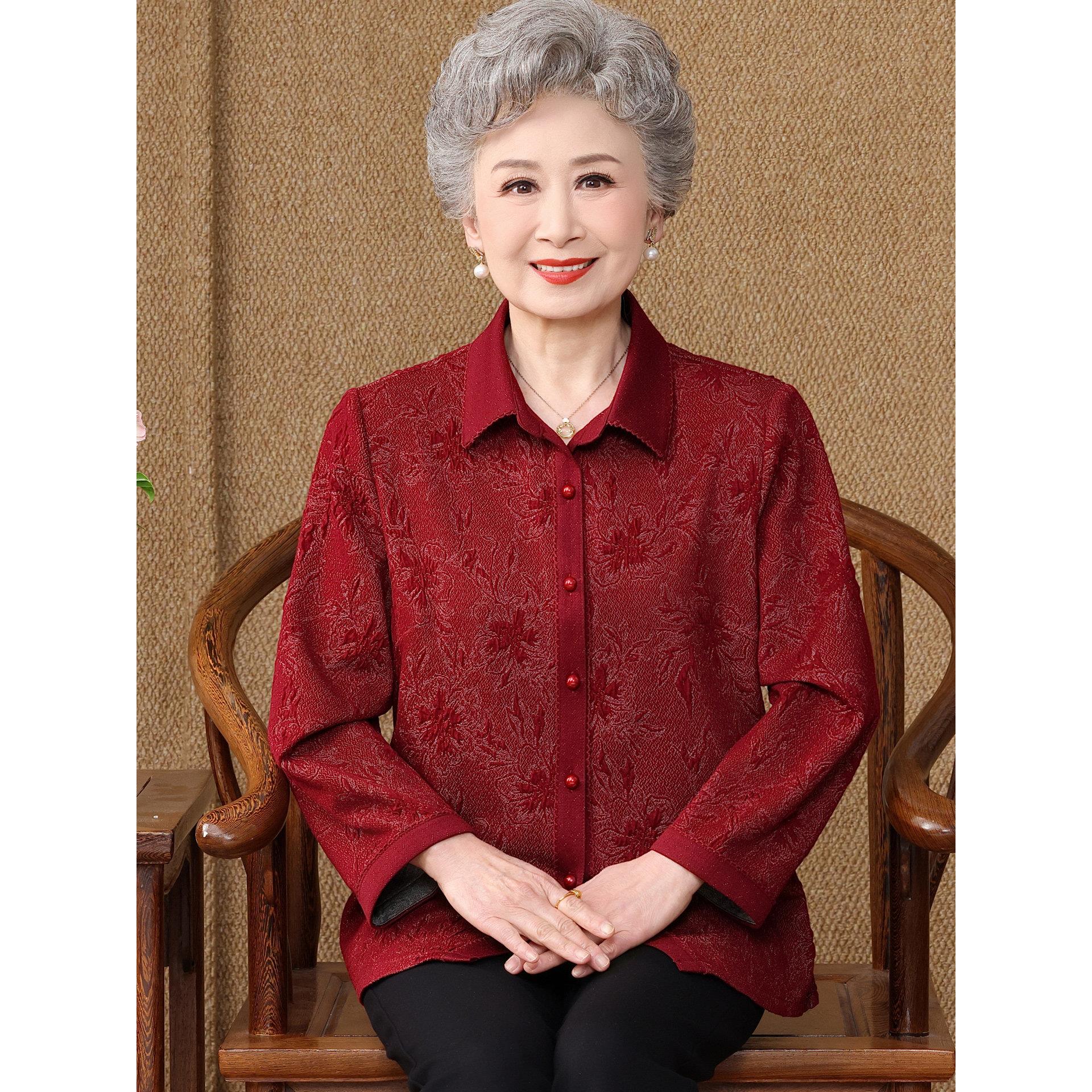 中老年人妈妈秋装长袖衬衫上衣女奶奶高端喜庆衬衣老太太婚宴服装