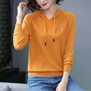 连帽针织衫女夏2021春秋新款毛衣长袖卫衣天丝薄款带帽衫上衣