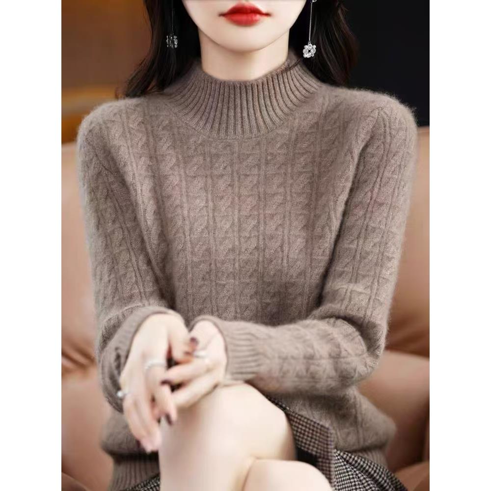 2024新款100纯山羊绒衫女加厚半高领毛衣秋冬宽松针织羊毛打底衫