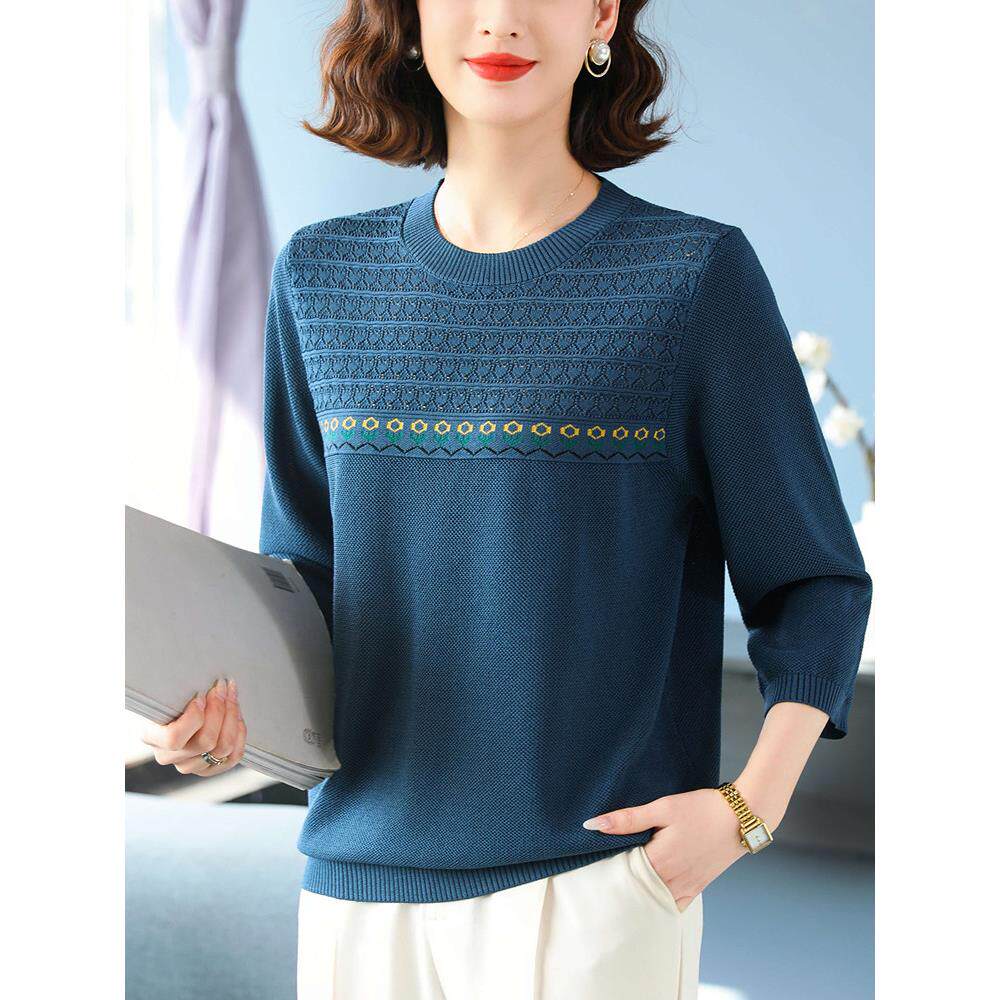 中年妈妈圆领七分袖冰丝针织衫女春夏洋气宽松大码桑蚕丝遮肚T恤