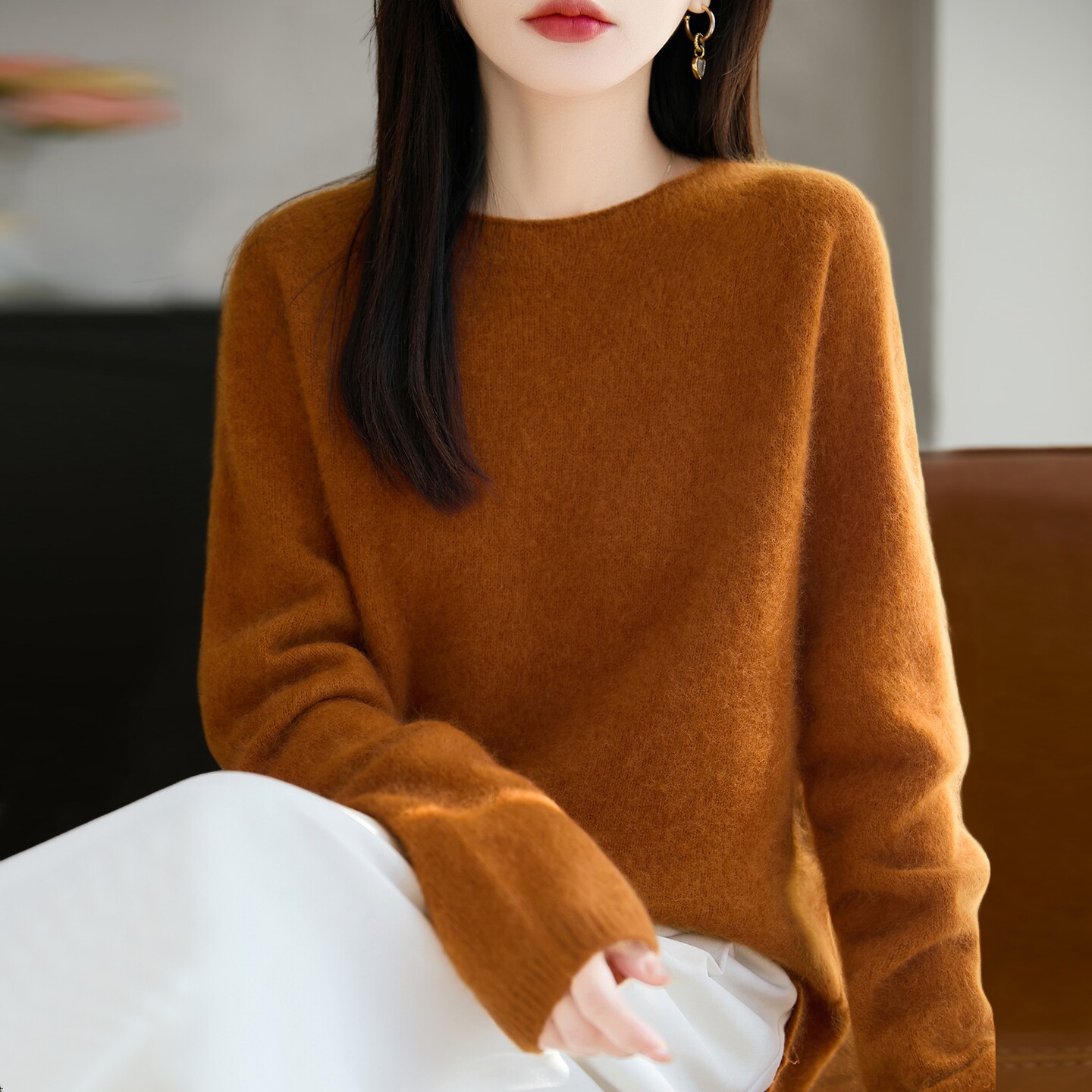 100纯羊毛拉毛针织打底衫女2026新款春秋大码女装上衣秋冬毛衣