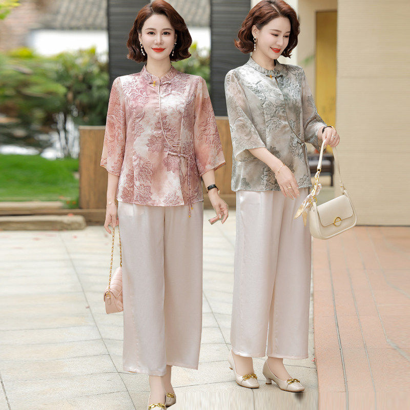 妈妈洋气夏装套装阔太太真丝上衣中老年大码新中式桑蚕丝两件套女