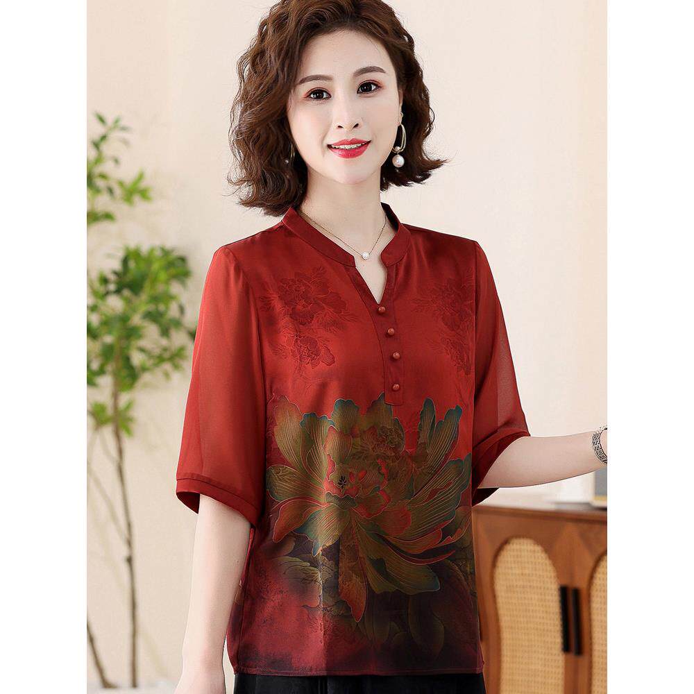 中老年人重磅真丝香云纱上衣女加肥加大码妈妈夏装桑蚕丝T恤套装