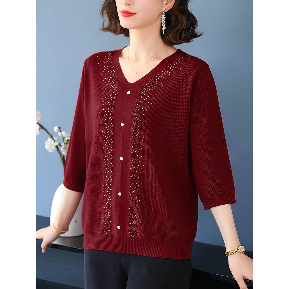 时尚上衣七分袖T恤中年妈妈春夏季冰丝针织衫女加肥加大码V领上衣