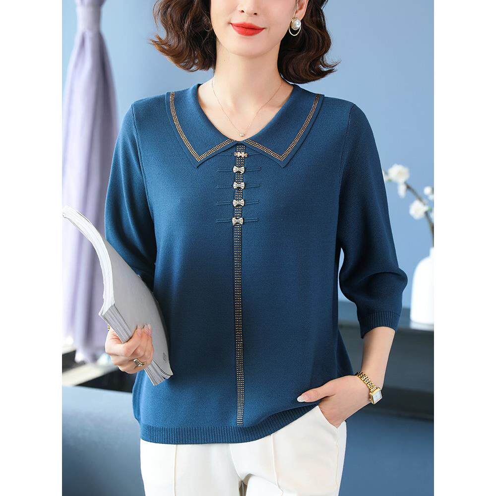 妈妈春夏冰丝针织衫薄款七分袖T恤中年女加肥加大码翻领蚕丝上衣