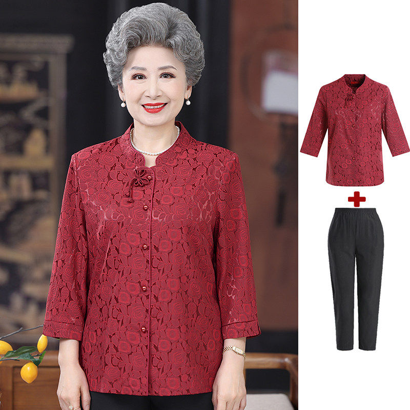 喜庆中老年人夏装女真丝衬衫妈妈装婚礼服老人奶奶装婚宴喜服旗袍