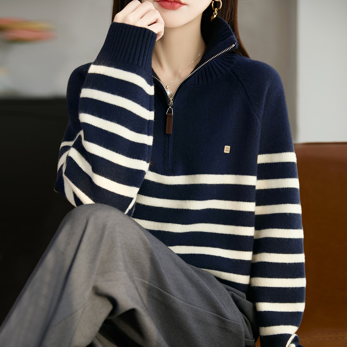 拉链半开领条纹针织打底衫女2026新款春秋大码女装上衣秋冬毛衣