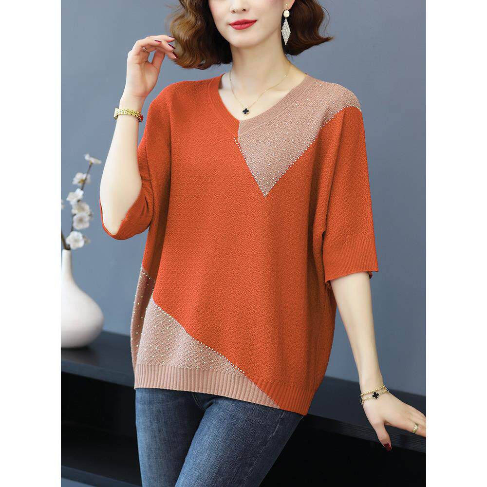 洋气中年妈妈冰丝T恤七分袖大码遮肉上衣春夏装加肥加大码针织衫