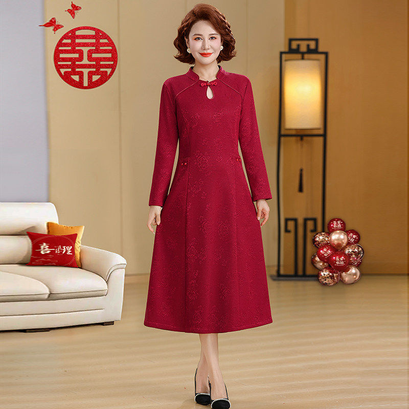 喜婆婆婚宴装妈妈春装连衣裙新中式国风中老年女春秋结婚礼服裙子