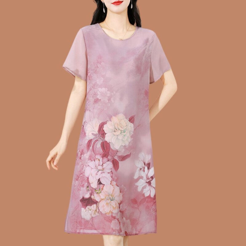 杭州重磅真丝连衣裙女夏季新款印花中老年妈妈桑蚕丝宽松中长款裙