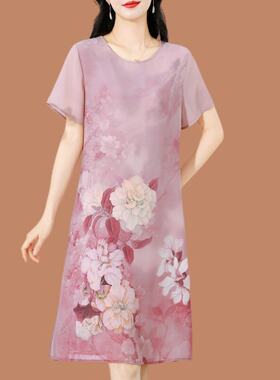 杭州重磅真丝连衣裙女夏季新款印花中老年妈妈桑蚕丝宽松中长款裙