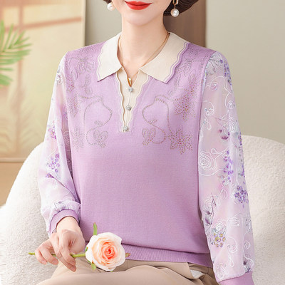 妈妈春装洋气纱袖针织小衫2026新款中老年女春夏冰丝T恤打底上衣