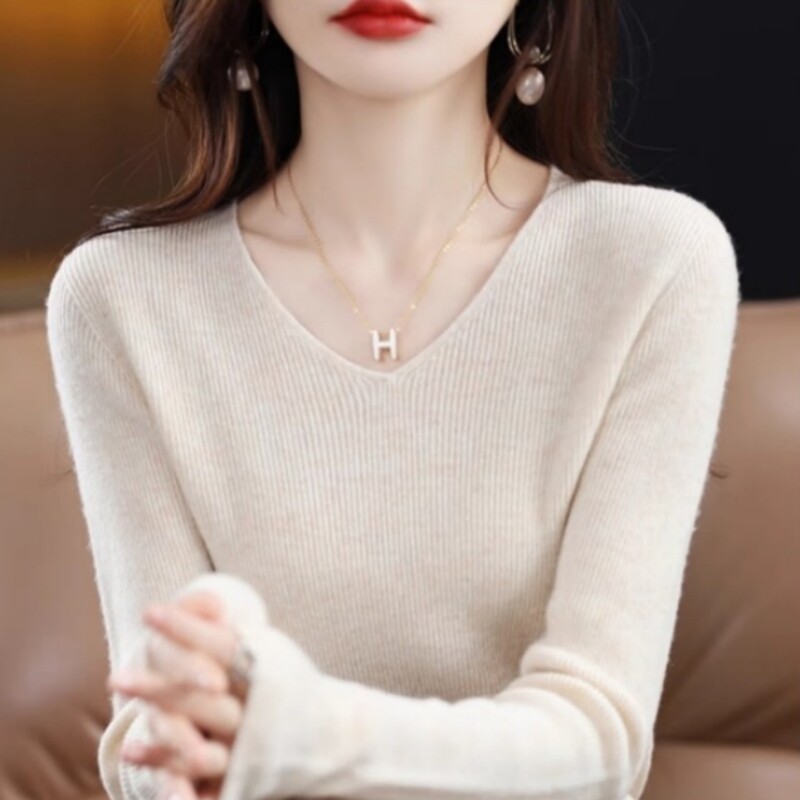 羊毛修身抽条V领女套头新款长袖毛衣春秋针织打底衫羊绒修身上衣
