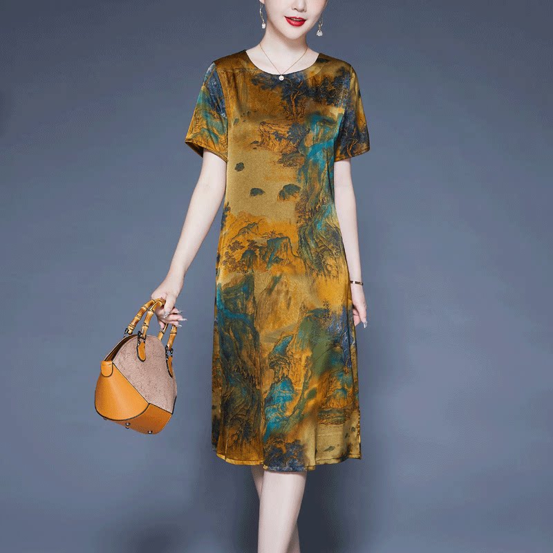 杭州重磅真丝连衣裙女夏季新款洋气印花中老年妈妈桑蚕丝宽松裙子