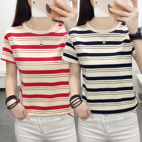 棉质条纹正肩短袖t恤女夏装2026新款宽松大码洋气百搭半袖体恤衫