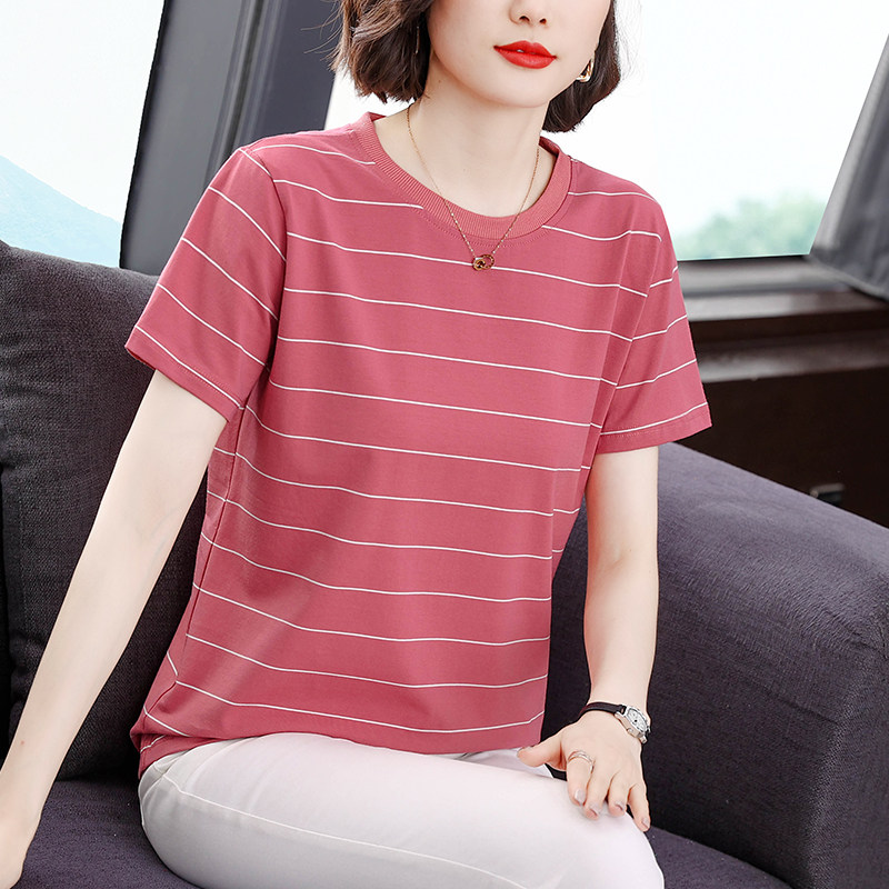 棉质短袖t恤女士2026新款夏季大码宽松遮肚子中老年妈妈条纹上衣
