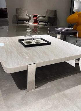 卡里冰玉白色正方形天然大理石轻奢石意式茶几大平层轻奢现代高级