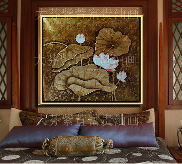 纯手绘油画东南亚风格贴金箔荷花装饰画墙饰抽象挂画荷花图片