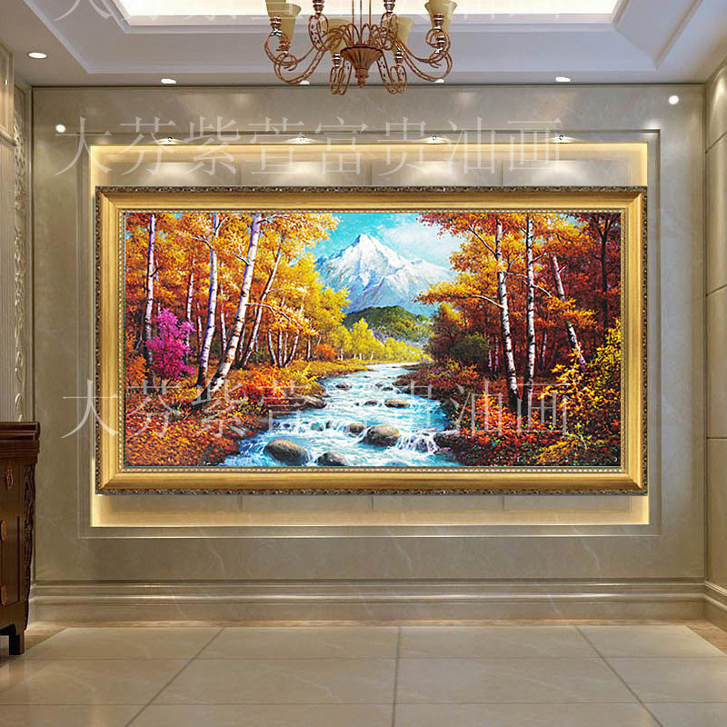 手绘风油画新现代山水画招财风水画枫树林客厅玄关装饰油画挂画图片