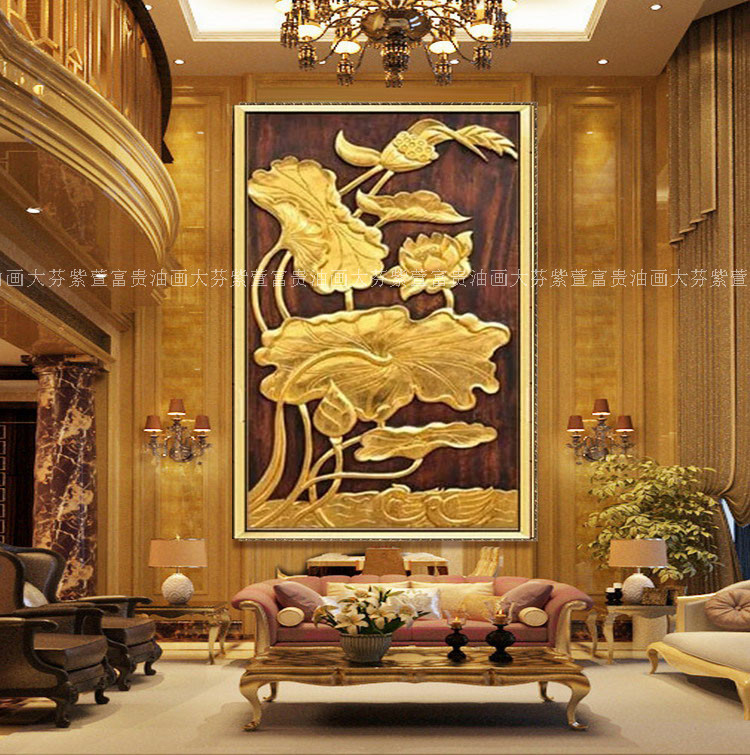 纯手绘金箔荷花客厅酒店别墅办公室餐厅装饰画壁画挂画图片