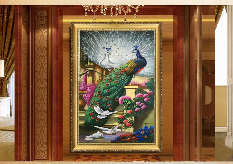 玄关装饰画竖版过道孔雀油画中式客厅现代简约温馨餐厅装饰画单幅图片
