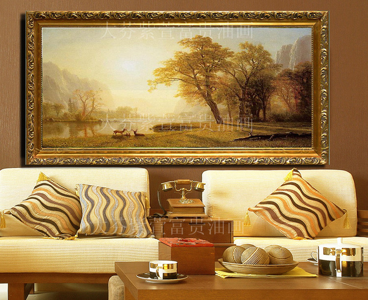 手绘风景油画 客厅卧室装饰画配画 树林油画 树林 三只鹿聚宝盆图片