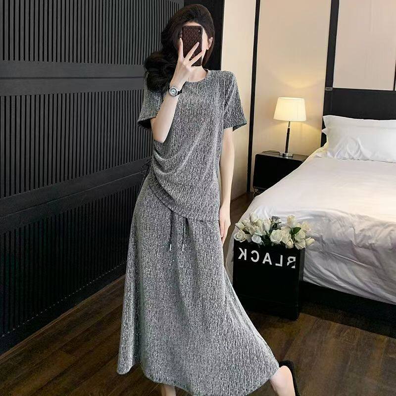 时尚套装女夏新款韩版宽松洋气显瘦短袖T亮闪闪休闲半身裙两件套