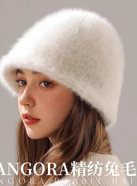 英国ING真兔毛毛绒渔夫帽盆帽女2024新款秋冬显脸大小头围大帽檐