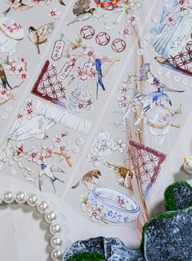 大象君 梁上燕 陆制5mPET胶带白墨贝壳银门帘珠帘拼贴屏风 鸟小物