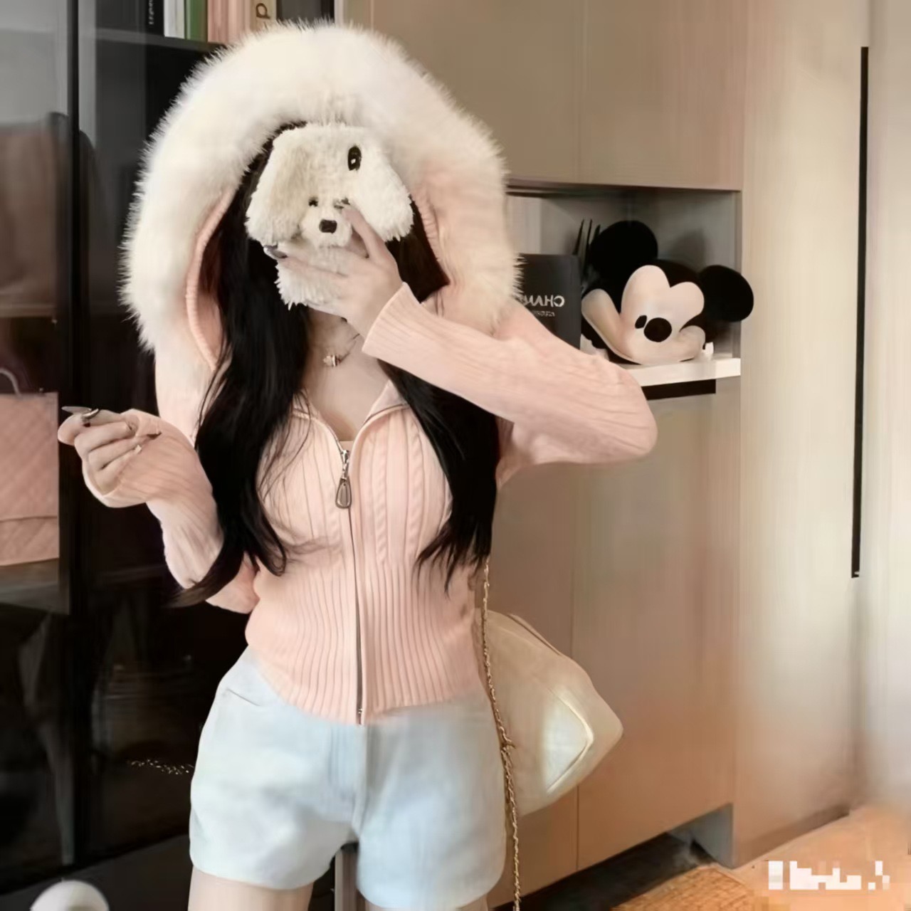 温柔风毛领连帽长袖针织衫女装2025年秋冬季收腰修身毛衣开衫上衣