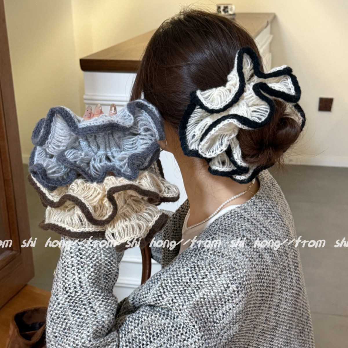 绒绒雪松！撞色毛线花边大肠发圈