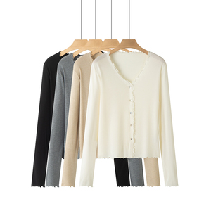 百搭小衫,天丝桑蚕丝木耳边软糯针织开衫V领上衣修身显瘦简约V领