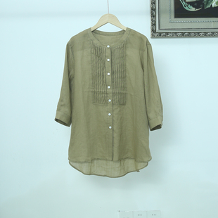 老钱风 吸汗透气 高支高密100%苎塔克褶宽松圆领衬衫 女夏季