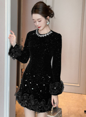 2025秋冬装新款女装法式镶钻圆领收腰显瘦设计感丝绒连衣裙21602
