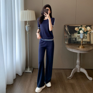 显瘦阔腿裤 7045 时尚 夏新款 3欧洲站简约休闲拼色冰丝运动针织套装