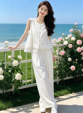 法式轻熟风白色V领马甲阔腿裤两件套女2026夏季高级感松弛感穿搭