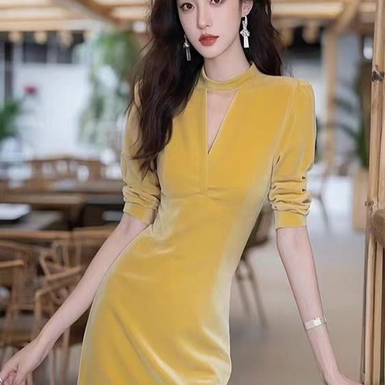法式感年会生日宴会小礼服名媛高端气质绝美黄色丝绒连衣裙子