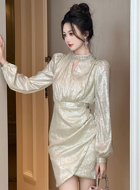 2025秋冬装新款女装重工镶钻圆领镂空收腰不规则包臀连衣裙21471