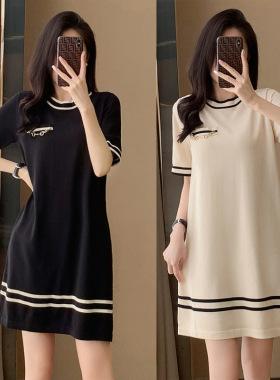 6888夏季新款小香风设计感圆领短袖连衣裙宽松显瘦链条拼接a字针