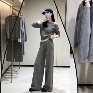 慵懒风宽松灰色针织毛衣套装秋冬新款时尚休闲运动阔腿裤两件套装